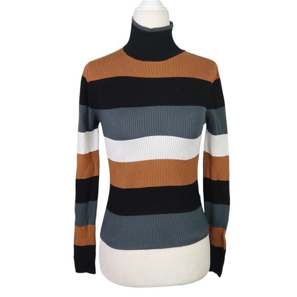 Zara black tan grey white ribbed knit turtleneck sweater S - Picture 1 of 5